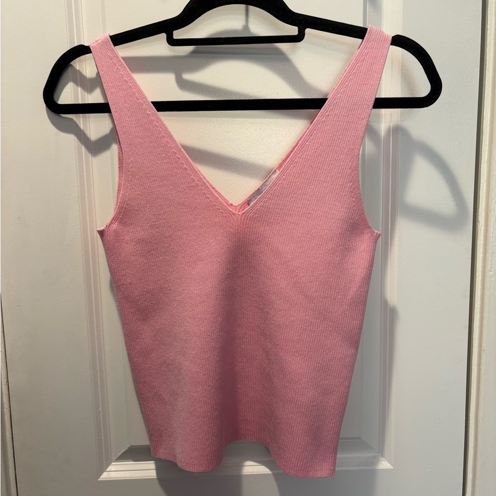 & Other Stories Pink V-Neck Knit Ribbed Tank Top Medium